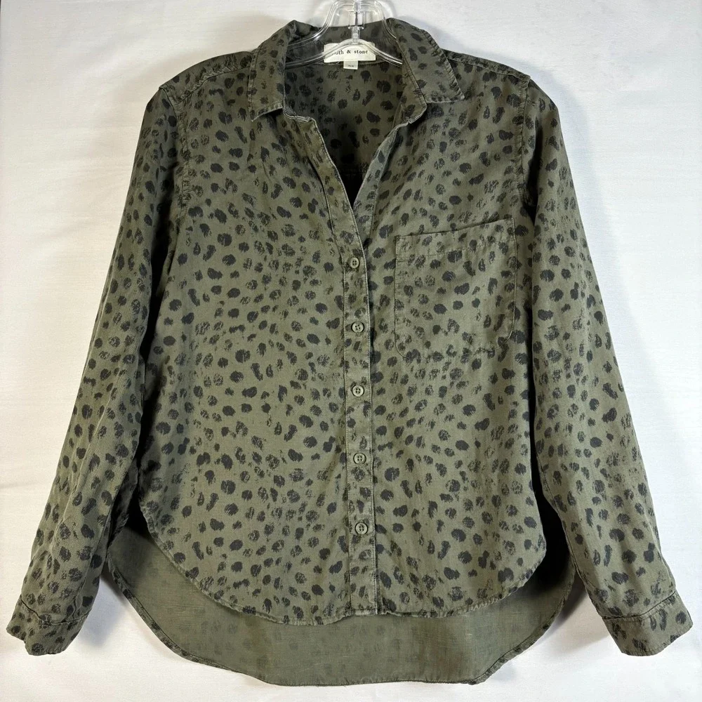 Cloth‎ & Stone Olive Green Cheetah Print Tencel Button Down Shirt XS